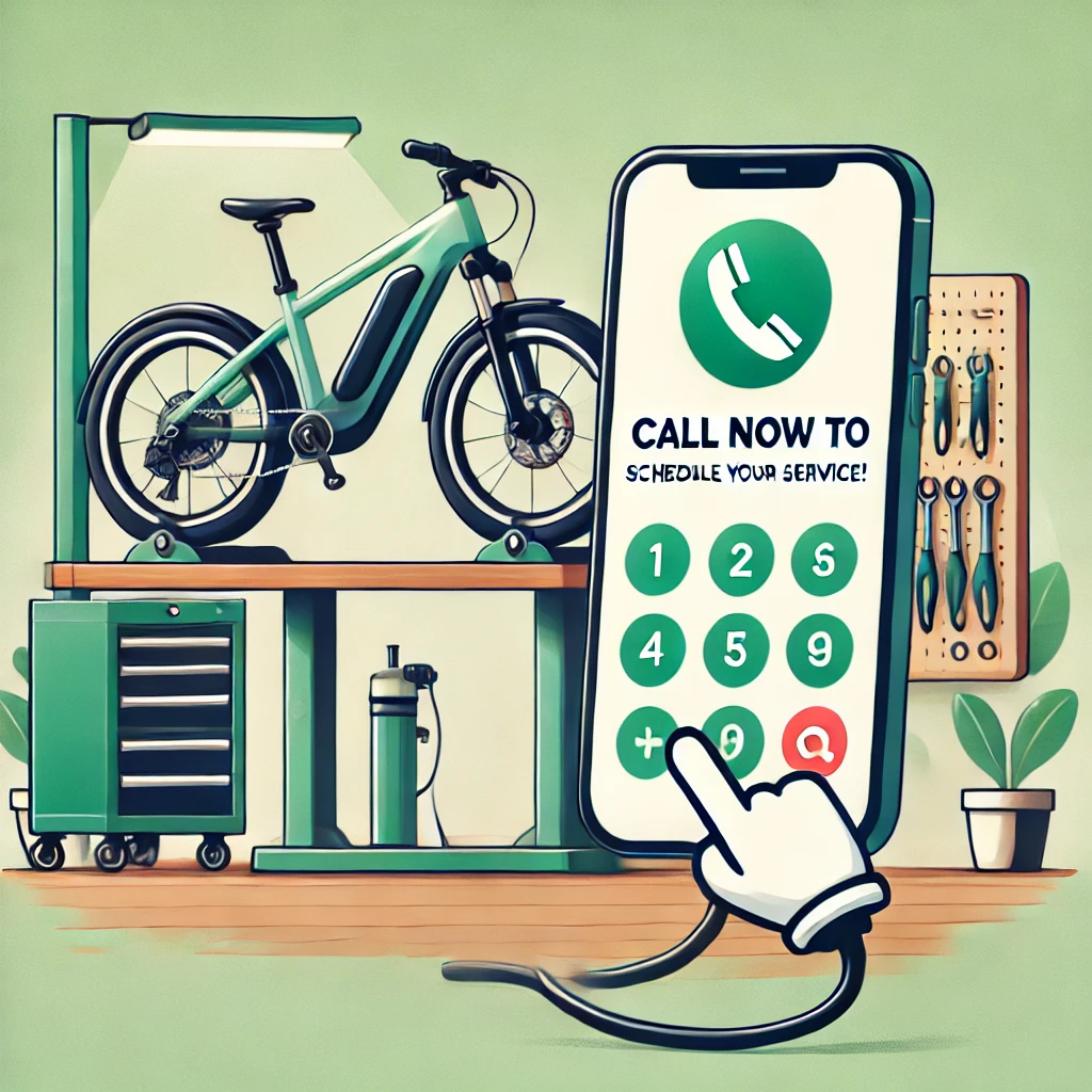 DALL·E 2025-01-18 14.51.27 - An illustration emphasizing a phone call to book a service appointment at a bicycle repair shop. At the forefront, a smartphone with a green call butt